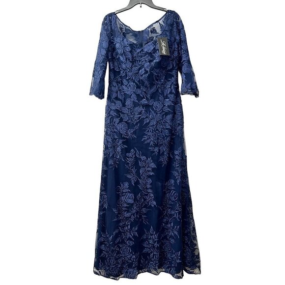 New La Femme Size 14 Lace V Neck A-line Dress Gown - 28053 Navy *rip, stain* - Picture 2 of 16
